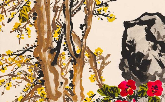 近现代 王个簃 茶花腊梅图立轴 精修版 TIF高清图片下载