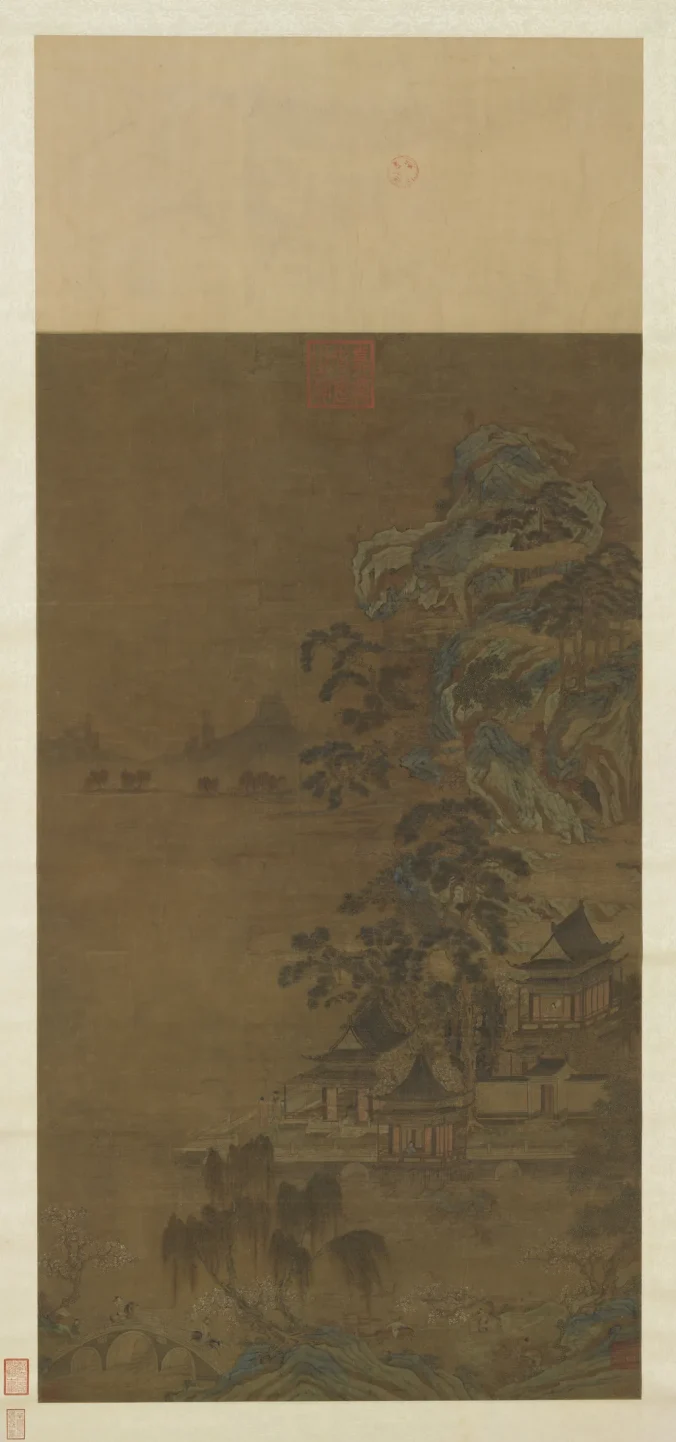 唐李昭道湖亭遊騎軸 故畫000004