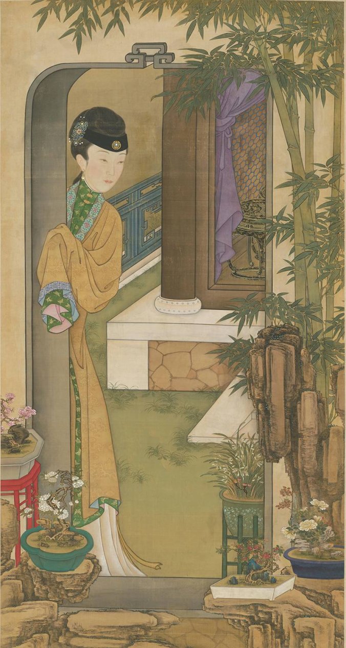 清 宫廷画师 雍正十二美人之 倚门观竹图轴