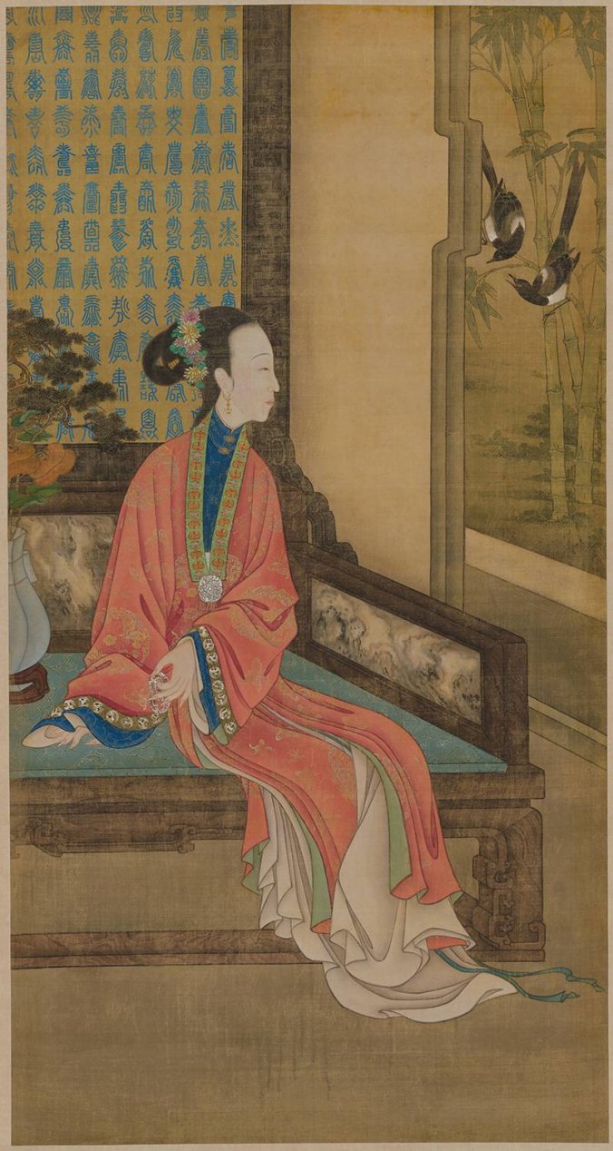 清 宫廷画师 雍正十二美人之 倚榻观鹊图轴
