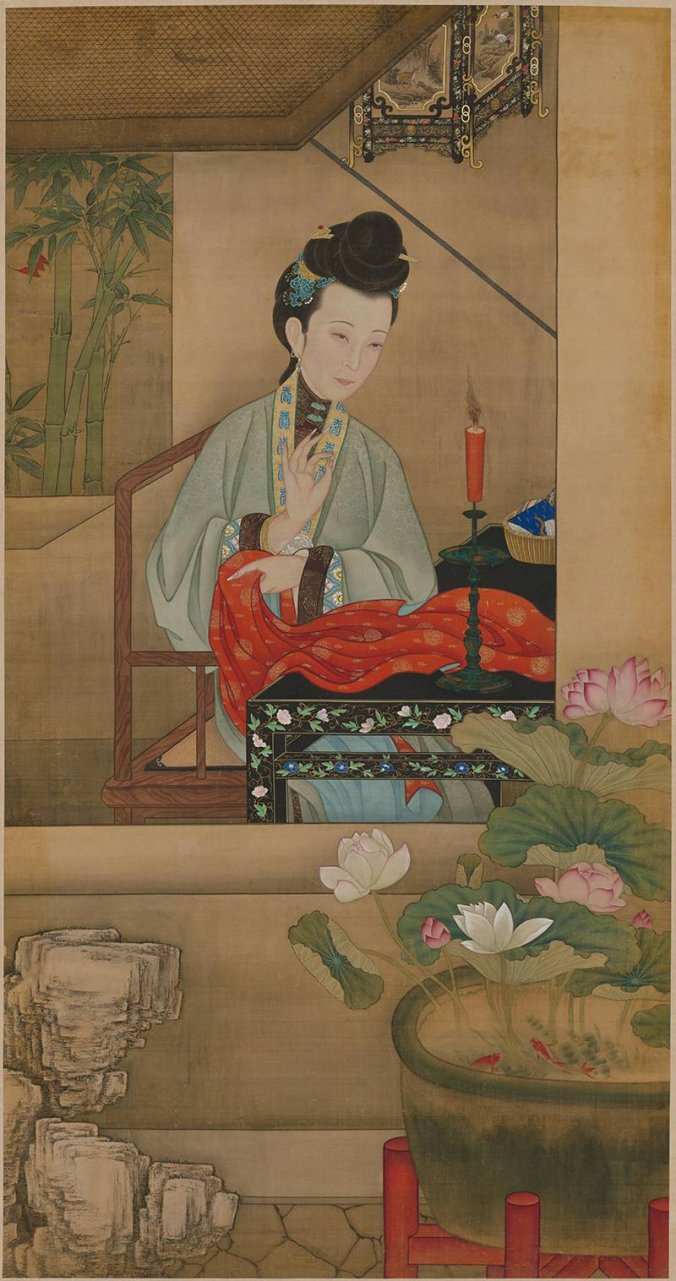 清 宫廷画师 雍正十二美人之 烛下缝衣图轴