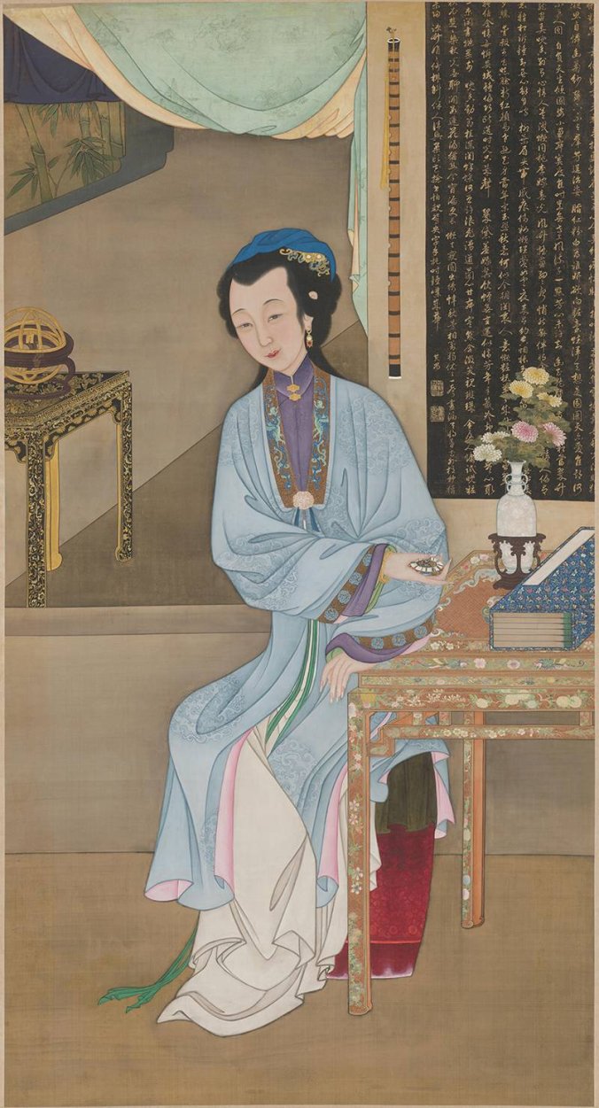 清 宫廷画师 雍正十二美人之 持表对菊图轴