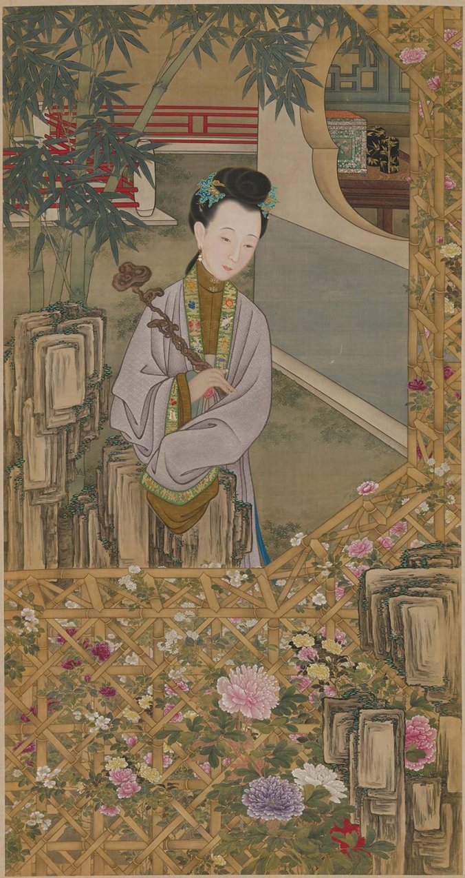 清 宫廷画师 雍正十二美人之 立持如意图轴