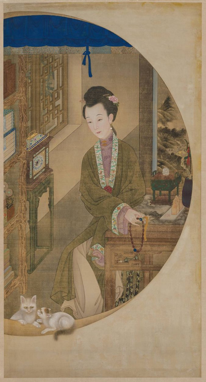 清 宫廷画师 雍正十二美人之 捻珠观猫图轴