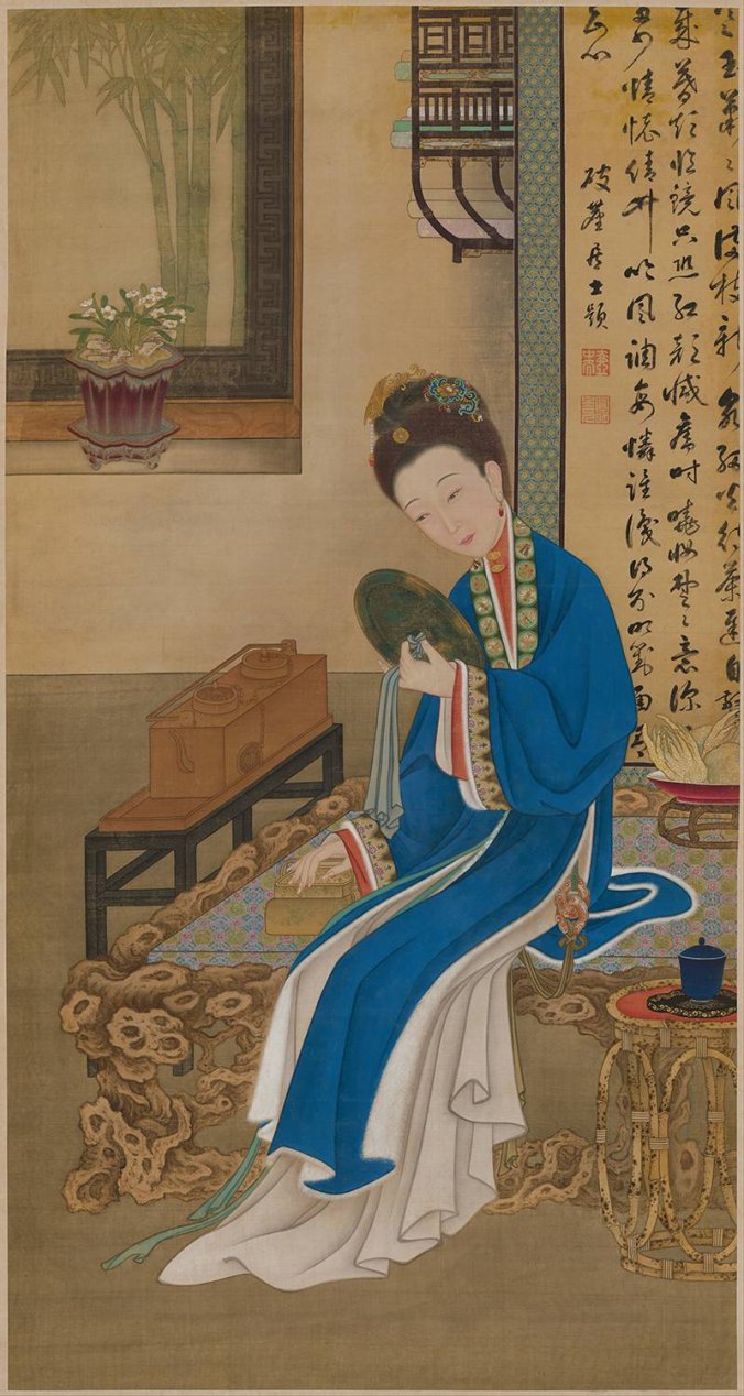 清 宫廷画师 雍正十二美人之 裘装对镜图轴