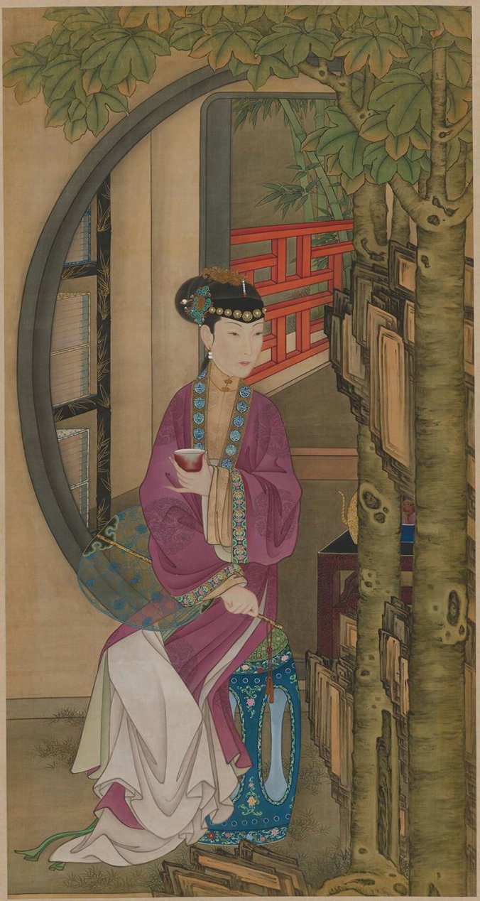 清 宫廷画师 雍正十二美人之 桐荫品茶图轴