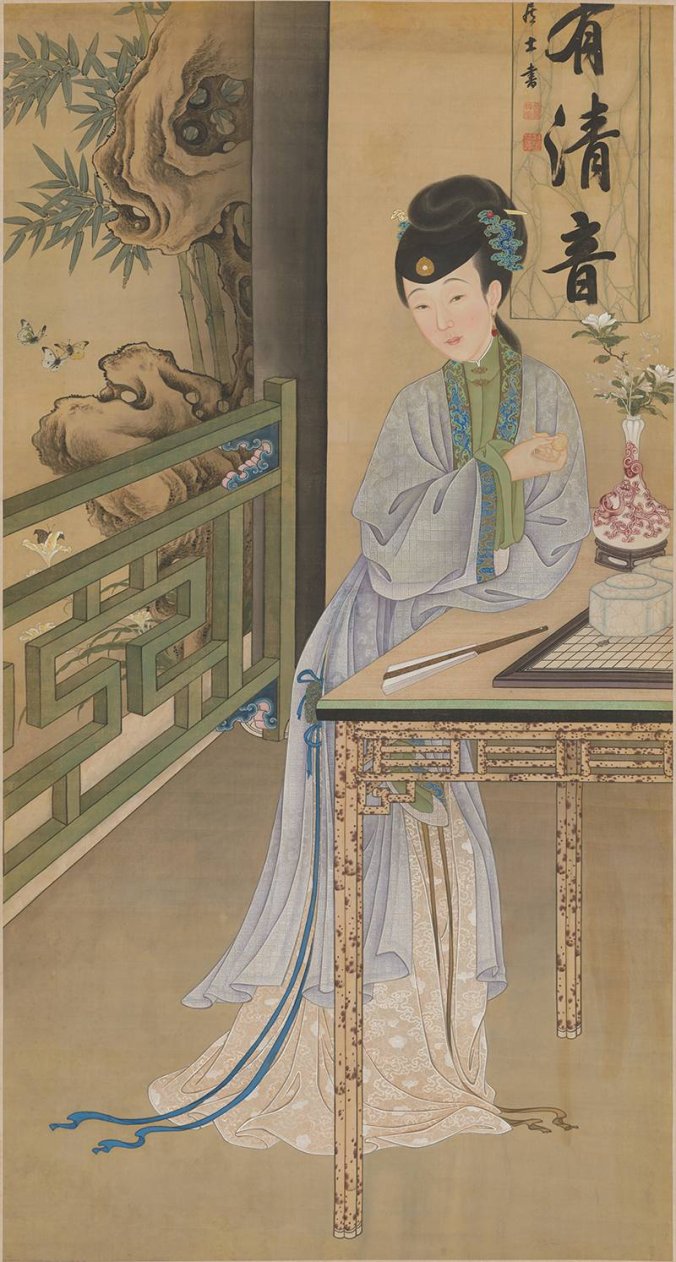 清 宫廷画师 雍正十二美人之 消夏赏蝶图轴