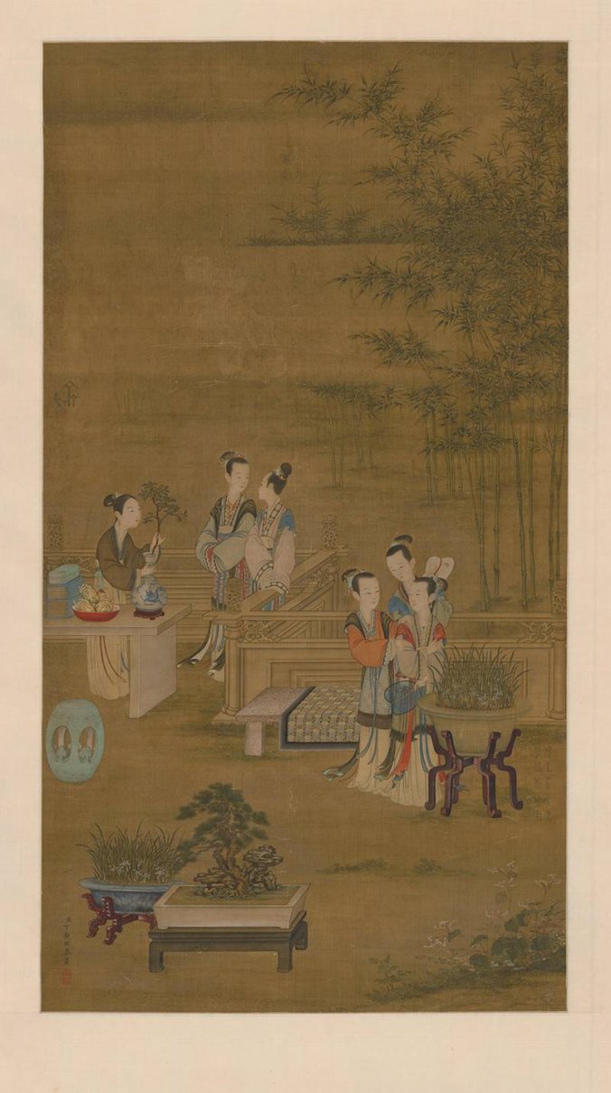 清 丁观鹏 宫妃话宠图轴