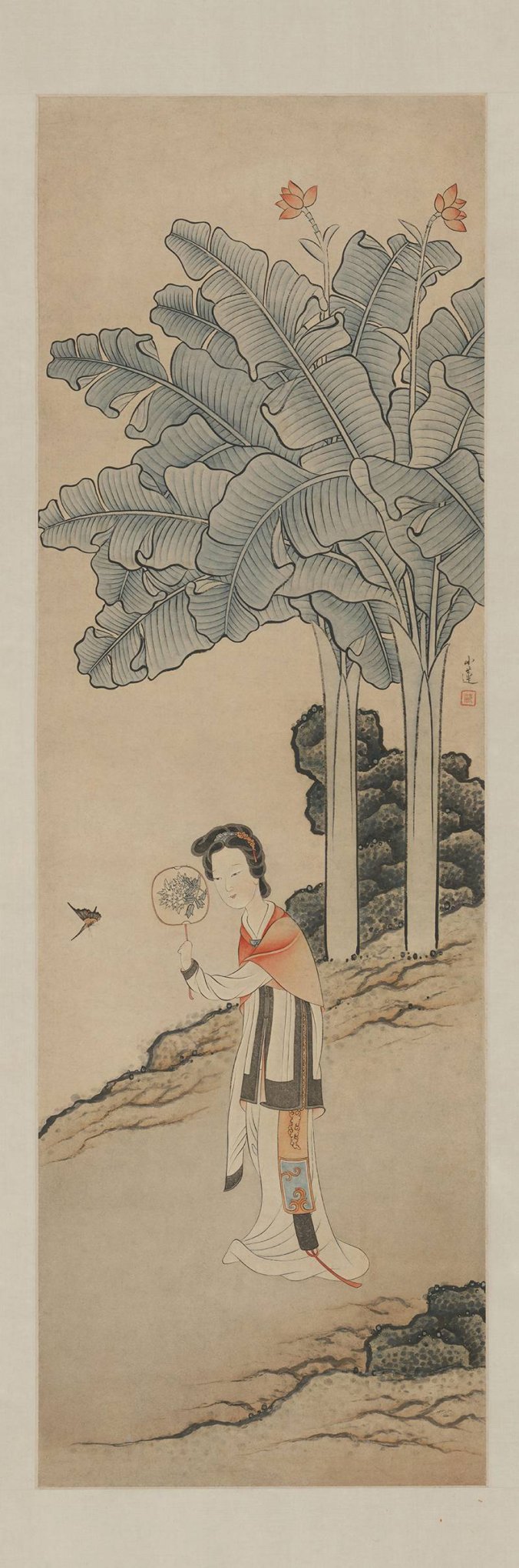 清 陈字 扑蝶仕女图轴