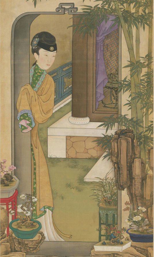 清 宫廷画师 雍正十二美人之 倚门观竹图轴