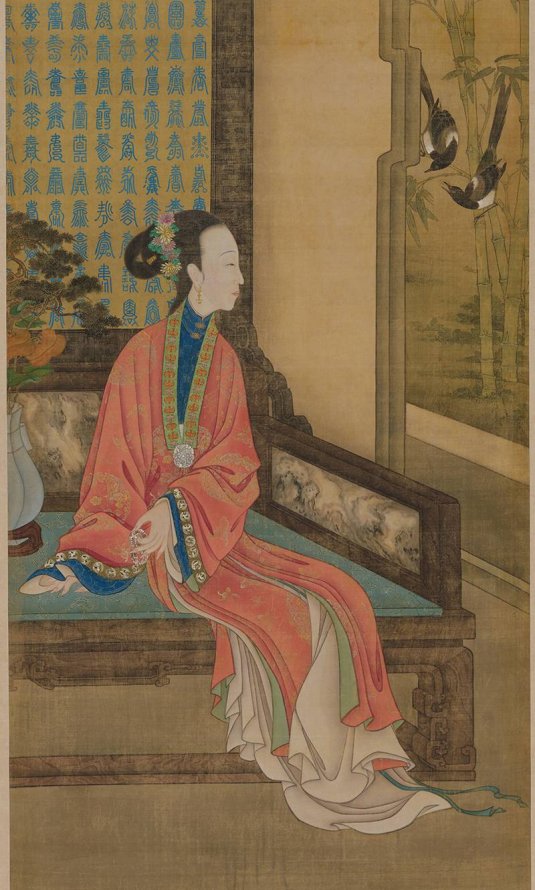 清 宫廷画师 雍正十二美人之 倚榻观鹊图轴