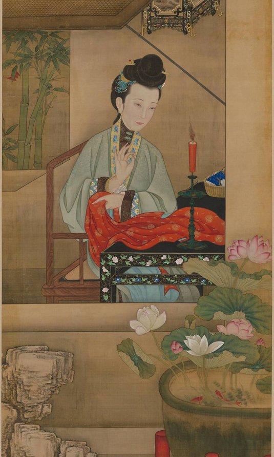 清 宫廷画师 雍正十二美人之 烛下缝衣图轴