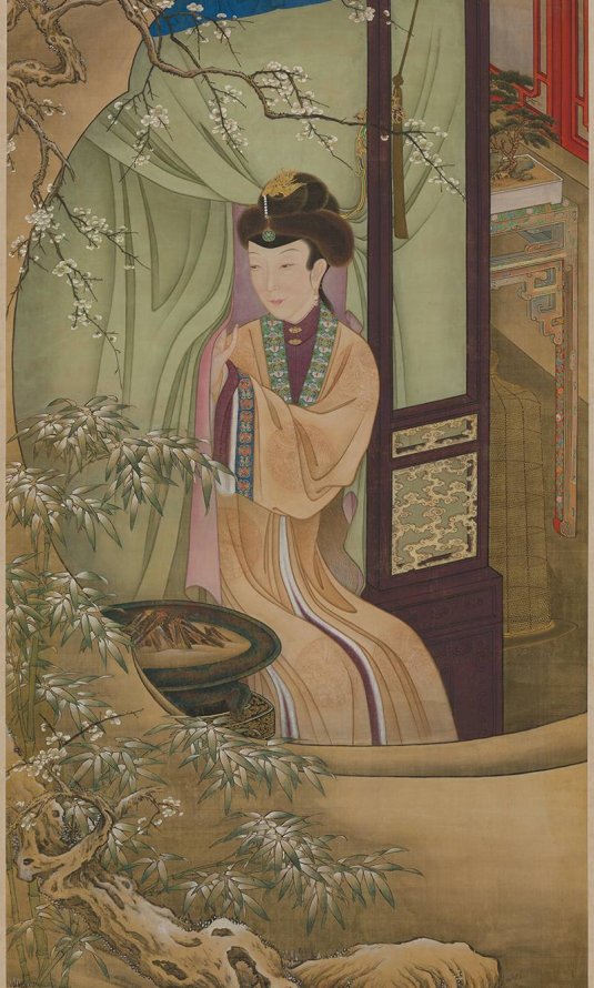 清 宫廷画师 雍正十二美人之 烘炉观雪图轴