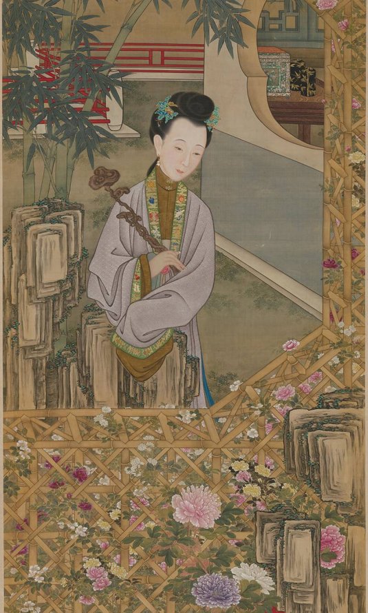 清 宫廷画师 雍正十二美人之 立持如意图轴