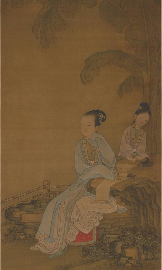 清 冷枚 芭蕉仕女图轴