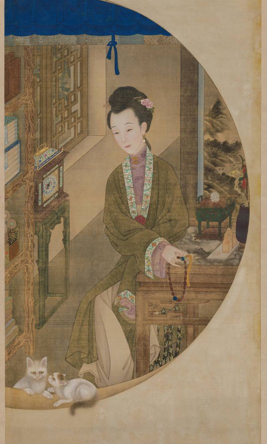 清 宫廷画师 雍正十二美人之 捻珠观猫图轴