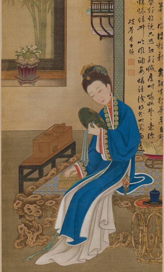 清 宫廷画师 雍正十二美人之 裘装对镜图轴