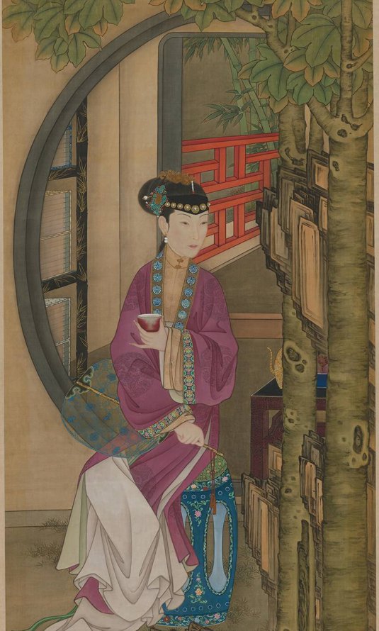 清 宫廷画师 雍正十二美人之 桐荫品茶图轴