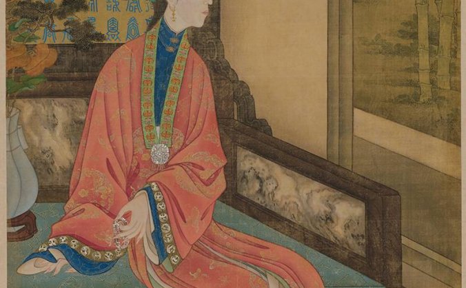 清 宫廷画师 雍正十二美人之 倚榻观鹊图轴