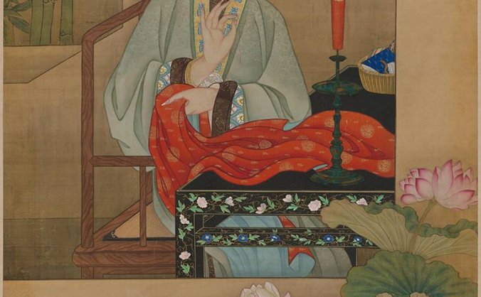 清 宫廷画师 雍正十二美人之 烛下缝衣图轴