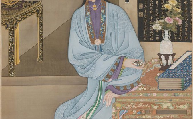 清 宫廷画师 雍正十二美人之 持表对菊图轴