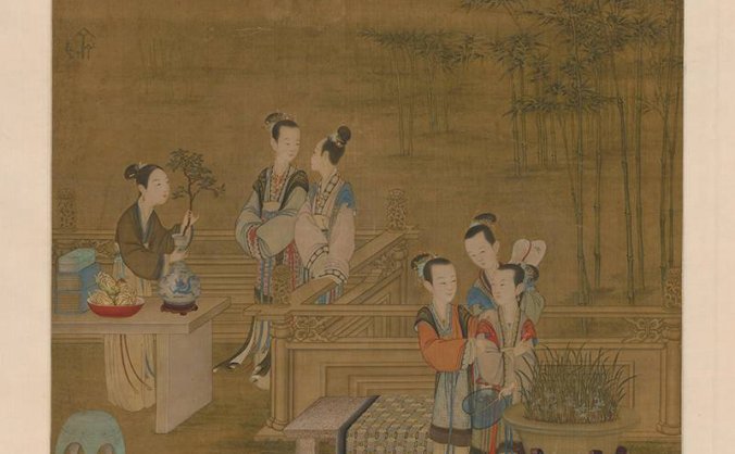 清 丁观鹏 宫妃话宠图轴